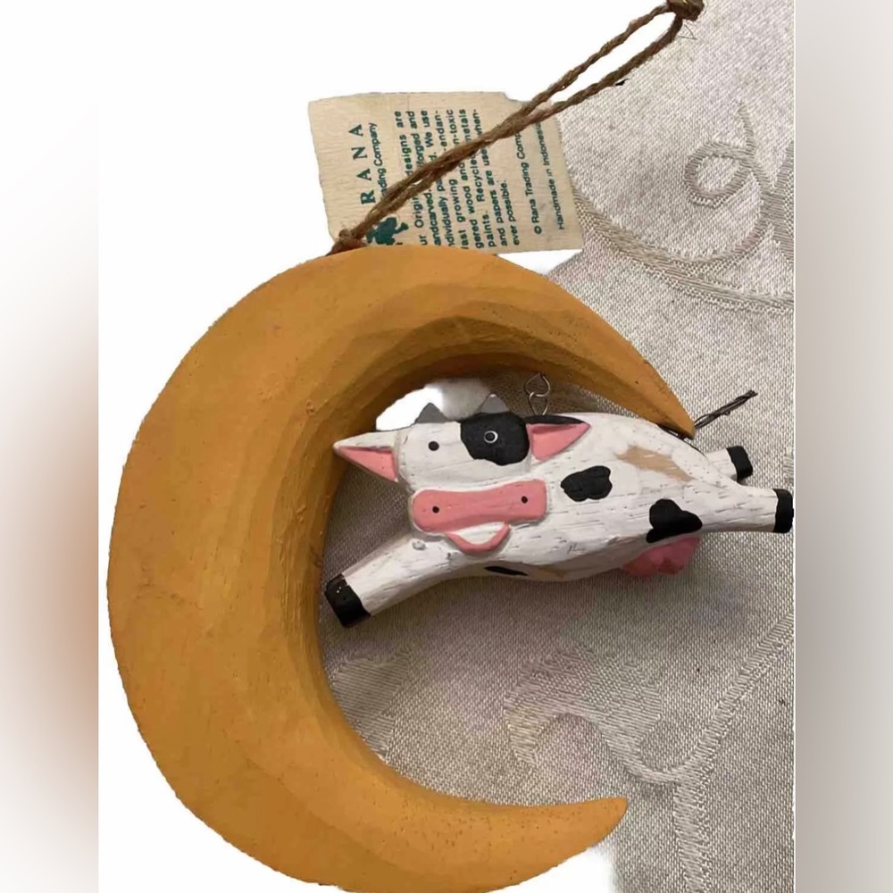 Handcrafted Indonesian Wooden Hand Painted Cow Jumping Over The Moon Hanging Art